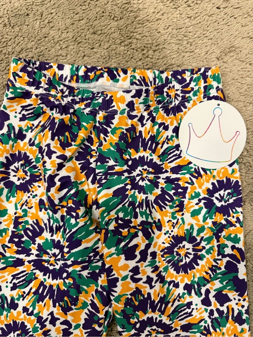 NWT Azarhia Girls Leggings Size 8/10 Purple Green Gold Floral Print Mardi Gras